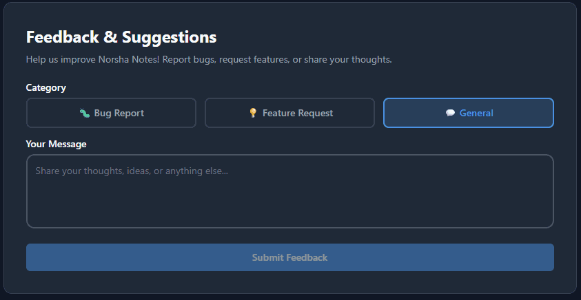 Feedback and suggestions box in Settings