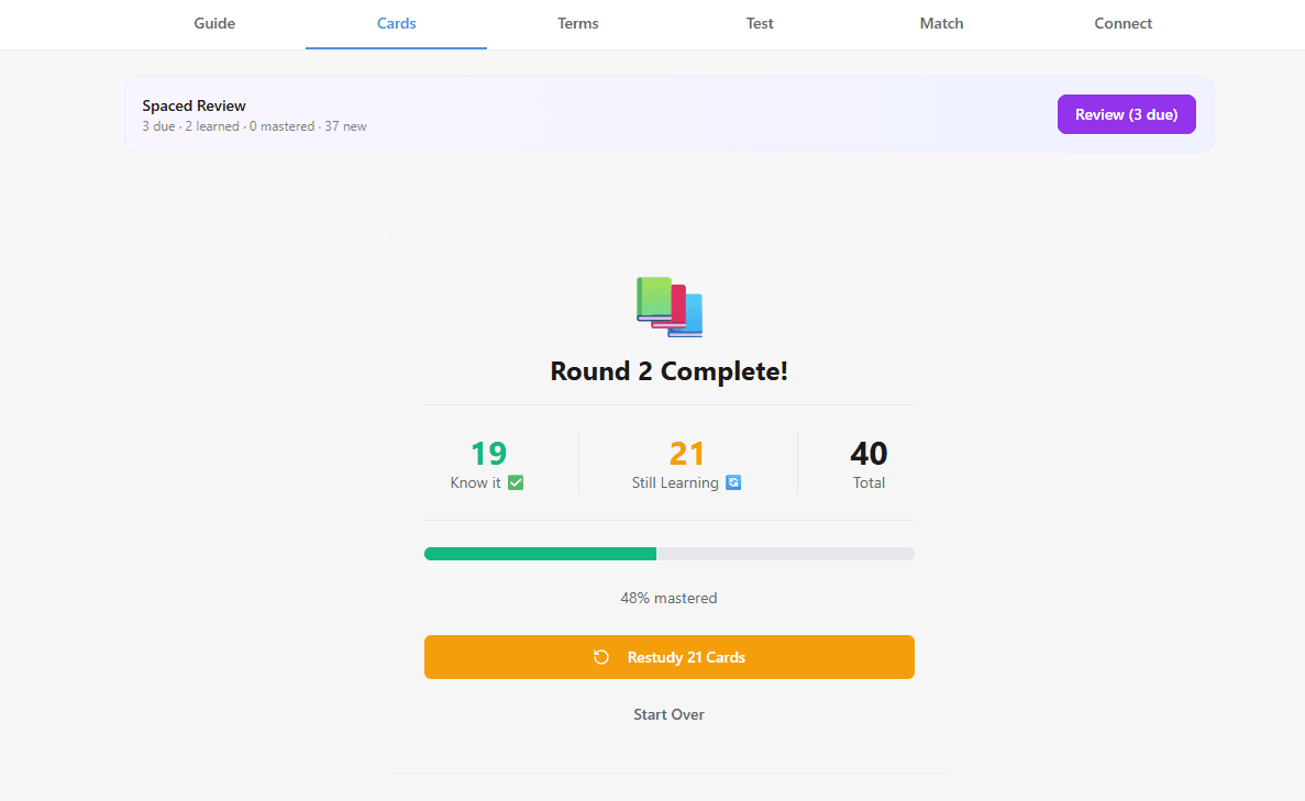Flashcard mastery and spaced repetition